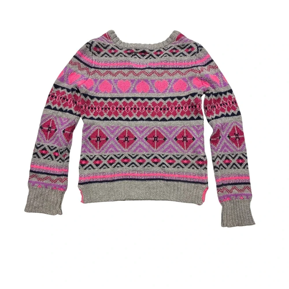 Justice Girls Fair Isle Heart Sweater Gray Pink Metallic V-Neck Size 8